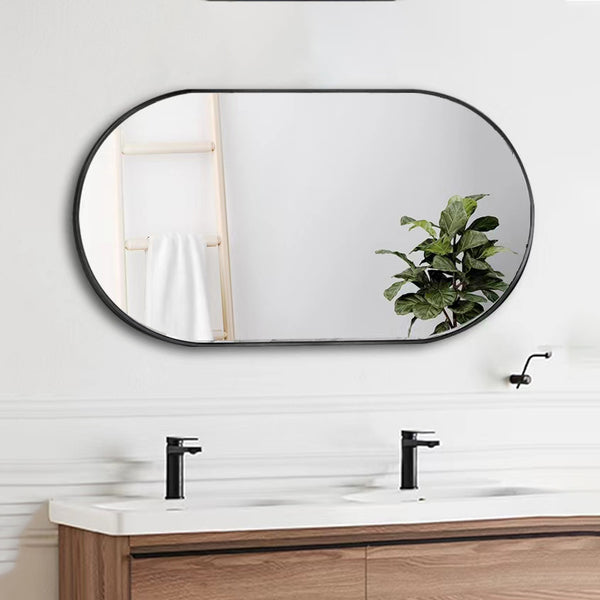 18 in. W x 36 in. H Oval Stainless Steel Framed Wall Bathroom Vanity Mirror in Matte Black/Brushed Gold