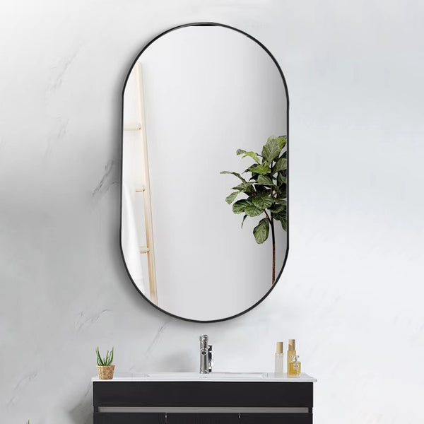 18 in. W x 36 in. H Oval Stainless Steel Framed Wall Bathroom Vanity Mirror in Matte Black/Brushed Gold