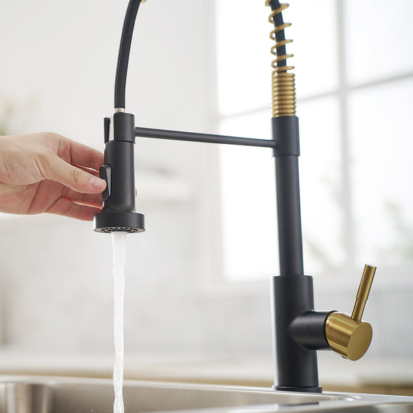 Stainless Steel Single Handle Pull Down Sprayer Kitchen Faucet with Water Supply Hoses in Matte Black with Brushed Gold