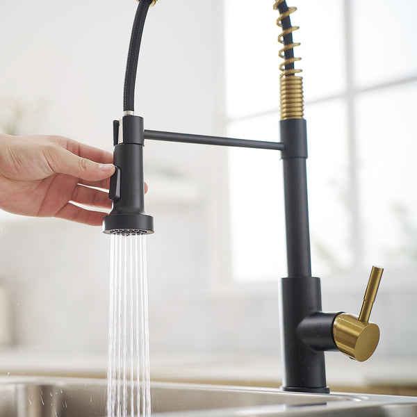 Stainless Steel Single Handle Pull Down Sprayer Kitchen Faucet with Water Supply Hoses in Matte Black with Brushed Gold