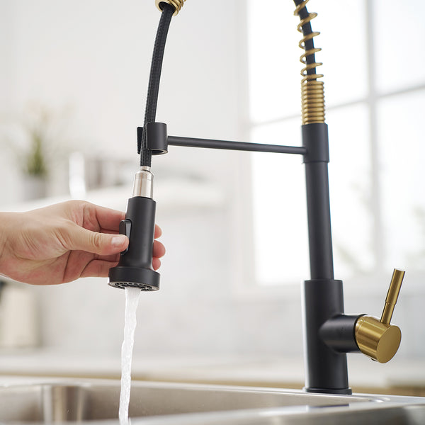 Stainless Steel Single Handle Pull Down Sprayer Kitchen Faucet with Water Supply Hoses in Matte Black with Brushed Gold