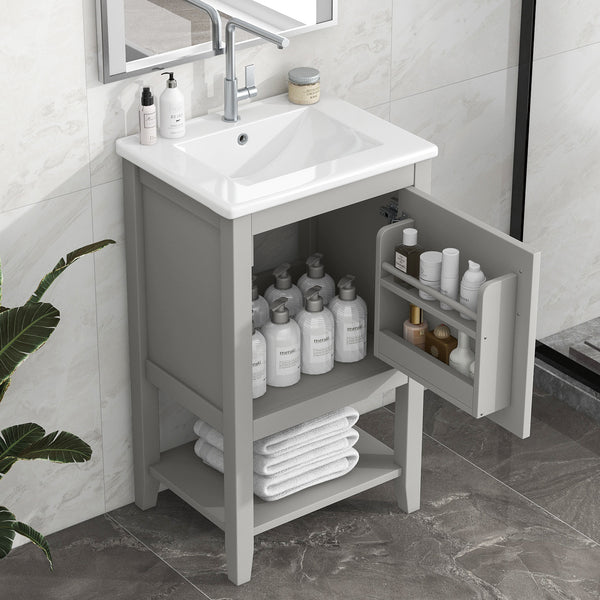 20" Bathroom Vanity with Sink, Bathroom Cabinet with Soft Closing Door, Storage Rack and Open Shelf, Grey/White