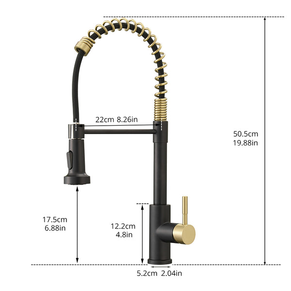 Stainless Steel Single Handle Pull Down Sprayer Kitchen Faucet with Water Supply Hoses in Matte Black with Brushed Gold