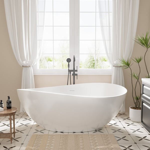 63 in. x 37 in. Stone Resin Freestanding Soaking Bathtub Double Slipper Oval Design Tub in White with Center Drain