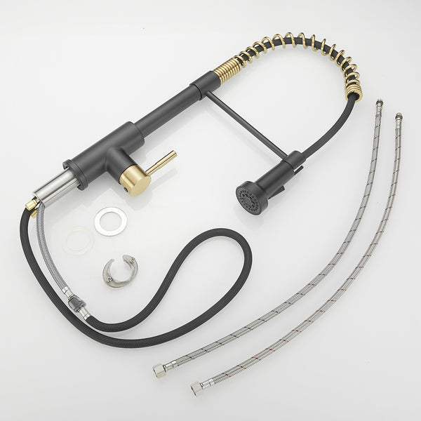 Stainless Steel Single Handle Pull Down Sprayer Kitchen Faucet with Water Supply Hoses in Matte Black with Brushed Gold