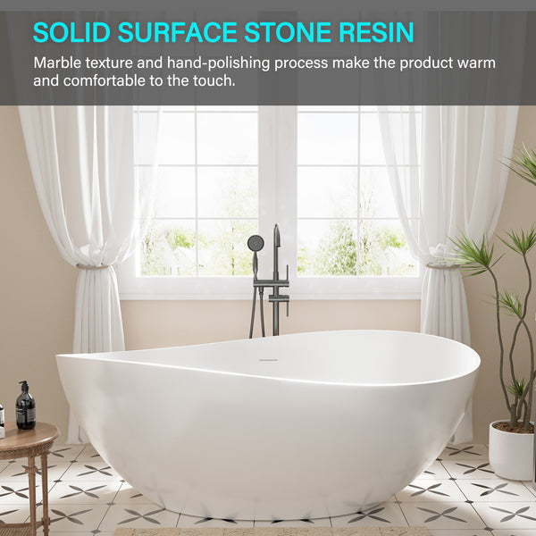 63 in. x 37 in. Stone Resin Freestanding Soaking Bathtub Double Slipper Oval Design Tub in White with Center Drain