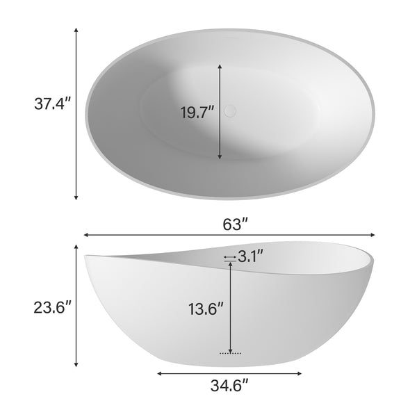 63 in. x 37 in. Stone Resin Freestanding Soaking Bathtub Double Slipper Oval Design Tub in White with Center Drain