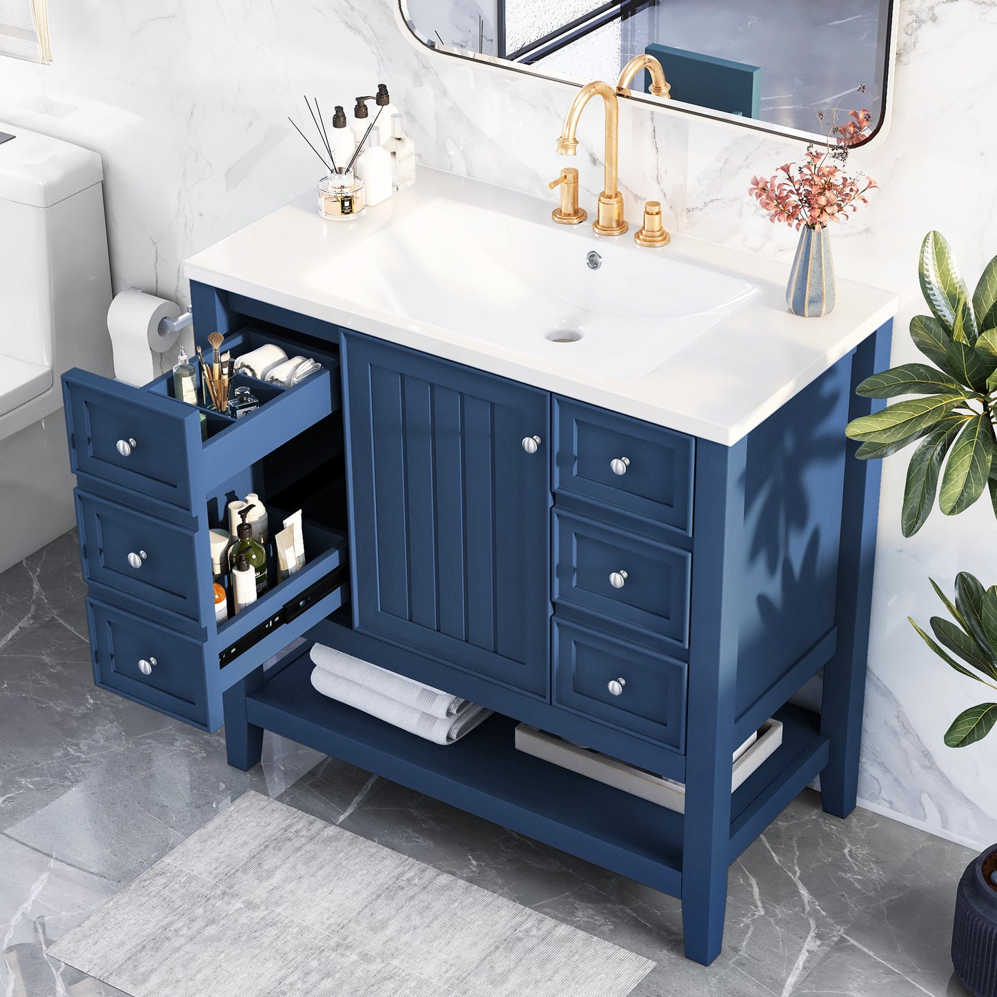 36 in. W Three Drawers Freestanding Black Bath Vanity with White Ceramic Top Unassembled