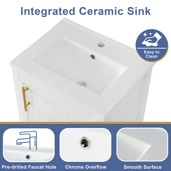 20" Bathroom Vanity with Sink, Bathroom Cabinet with Soft Closing Door, Storage Rack and Open Shelf, Grey/White