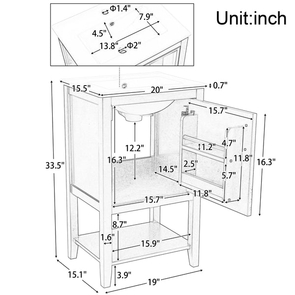 20" Bathroom Vanity with Sink, Bathroom Cabinet with Soft Closing Door, Storage Rack and Open Shelf, Grey/White