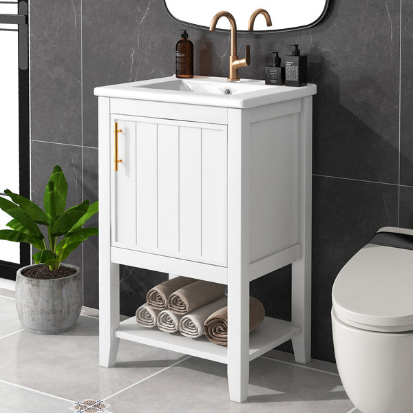 20" Bathroom Vanity with Sink, Bathroom Cabinet with Soft Closing Door, Storage Rack and Open Shelf, Grey/White
