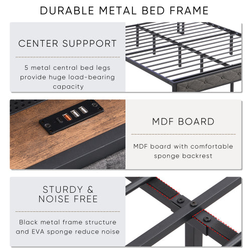 Dimakai Gray Queen Metal Bed frame Bed