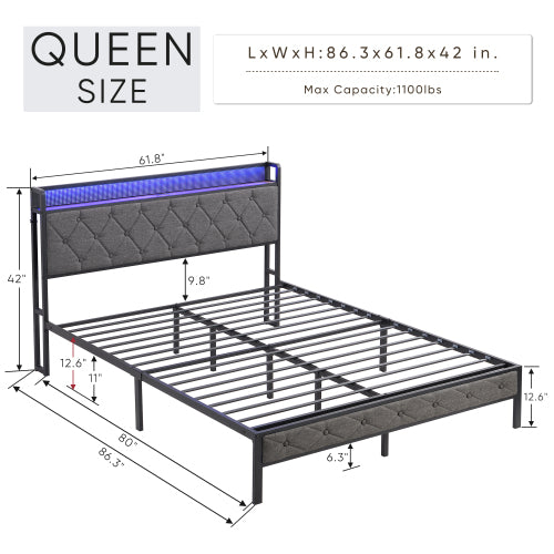 Dimakai Gray Queen Metal Bed frame Bed
