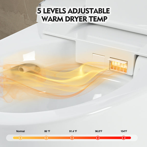 Luxury Smart Toilet with Dryer and warm water, Elongated Bidet Toilet with Heated Seat, with Remote Control, LED Night Light, Power Outage Flushing, Soft Close Cover,Whit