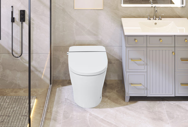 Heated Seat Smart Toilet without Bidet, Upmarket Compact Dual Flush Toilet 1/1.28 GPF, Tank less toilet with Adjustable Temp Heated Seat, Foot sensor Flush, White Night Light, Knob Control,Auto Flush