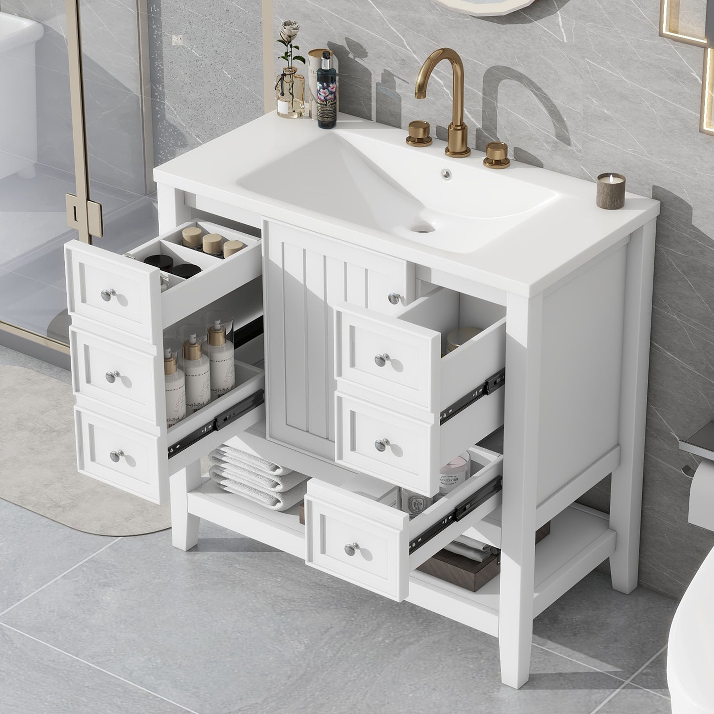 36 in. W Three Drawers Freestanding Black Bath Vanity with White Ceramic Top Unassembled