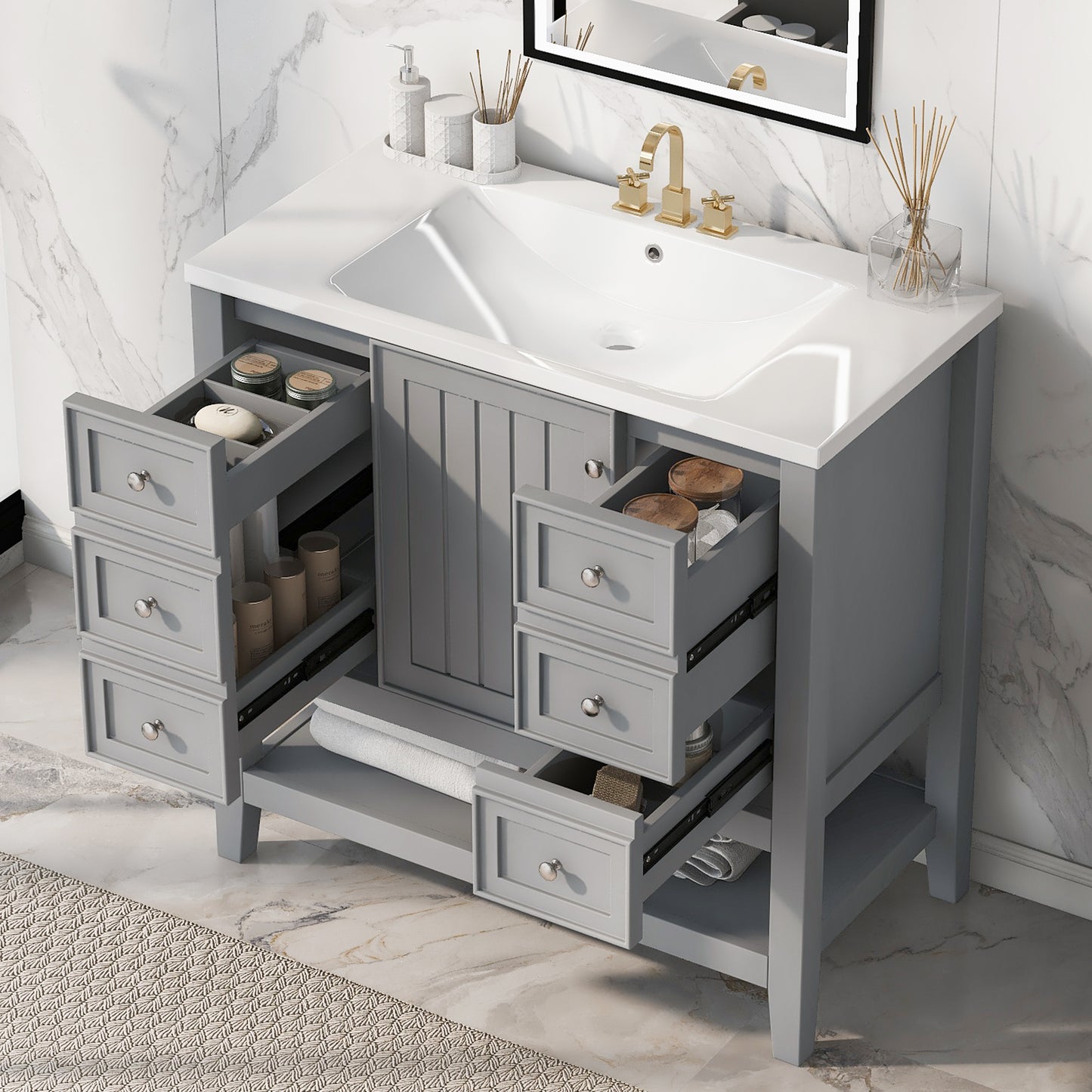 36 in. W Three Drawers Freestanding Black Bath Vanity with White Ceramic Top Unassembled
