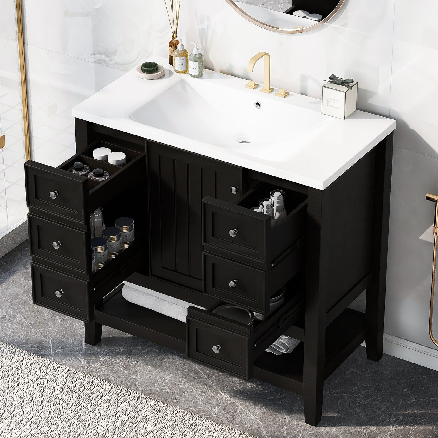 36 in. W Three Drawers Freestanding Black Bath Vanity with White Ceramic Top Unassembled