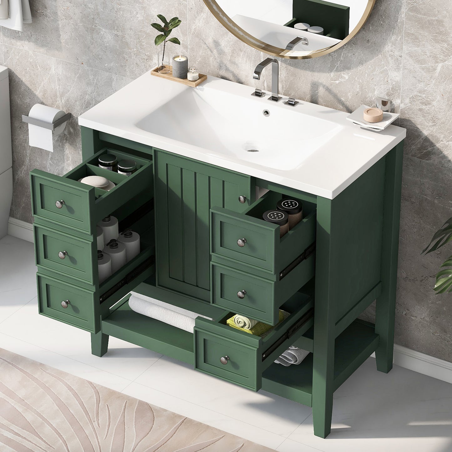 36 in. W Three Drawers Freestanding Black Bath Vanity with White Ceramic Top Unassembled