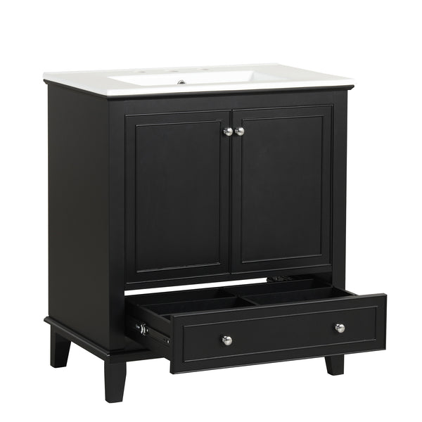 30" Bathroom Vanity with Sink Combo, Multi-functional Bathroom Cabinet with Doors and Drawer, Solid Wood and MDF Board, Black