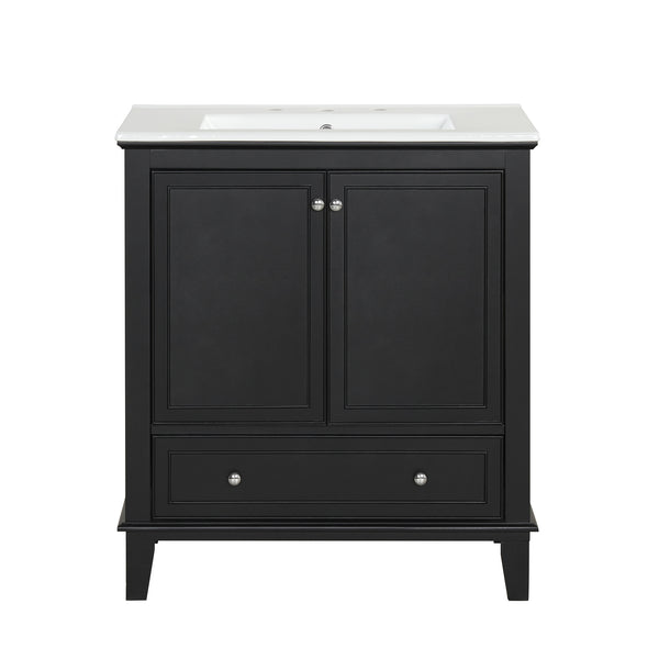 30" Bathroom Vanity with Sink Combo, Multi-functional Bathroom Cabinet with Doors and Drawer, Solid Wood and MDF Board, Black
