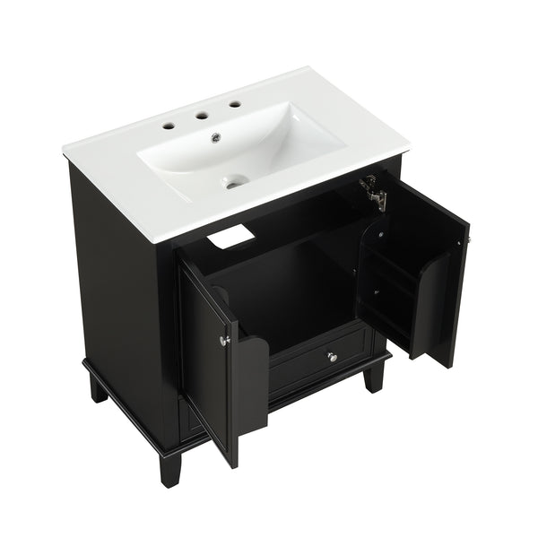 30" Bathroom Vanity with Sink Combo, Multi-functional Bathroom Cabinet with Doors and Drawer, Solid Wood and MDF Board, Black
