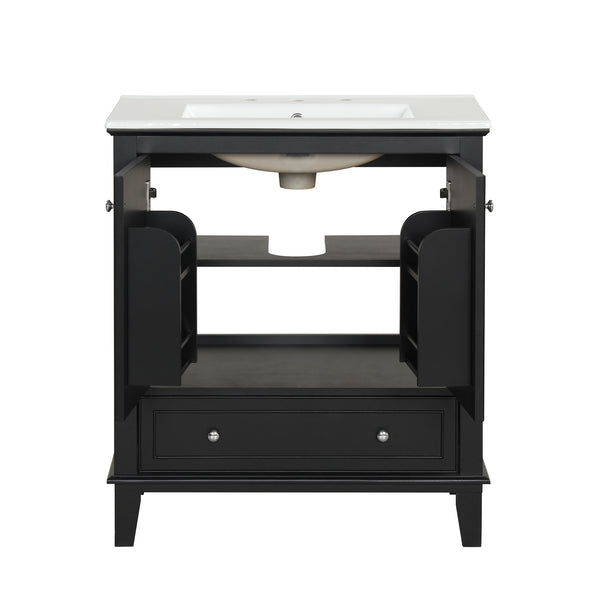 30" Bathroom Vanity with Sink Combo, Multi-functional Bathroom Cabinet with Doors and Drawer, Solid Wood and MDF Board, Black