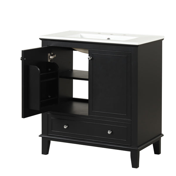 30" Bathroom Vanity with Sink Combo, Multi-functional Bathroom Cabinet with Doors and Drawer, Solid Wood and MDF Board, Black