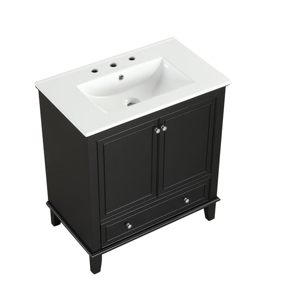 30" Bathroom Vanity with Sink Combo, Multi-functional Bathroom Cabinet with Doors and Drawer, Solid Wood and MDF Board, Black
