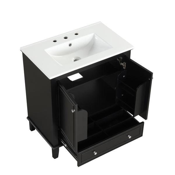 30" Bathroom Vanity with Sink Combo, Multi-functional Bathroom Cabinet with Doors and Drawer, Solid Wood and MDF Board, Black
