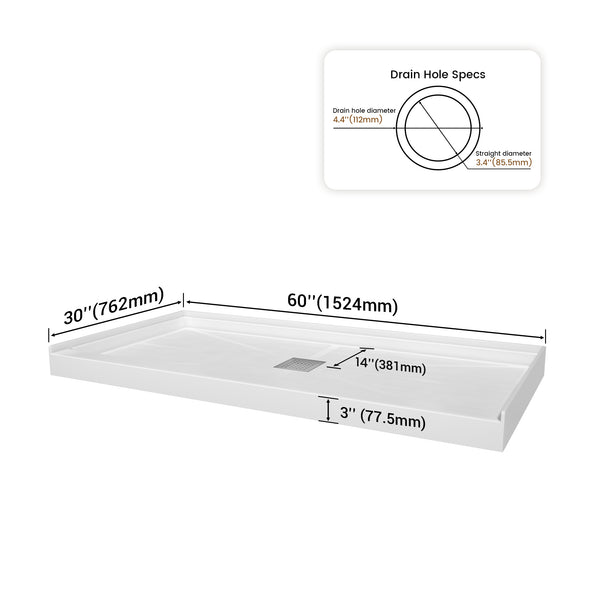 48 in. x 36 in / 60 in x 30 in Composite Alcove Shower Pan Base with Stainless Steel Cover and Center Drain in White