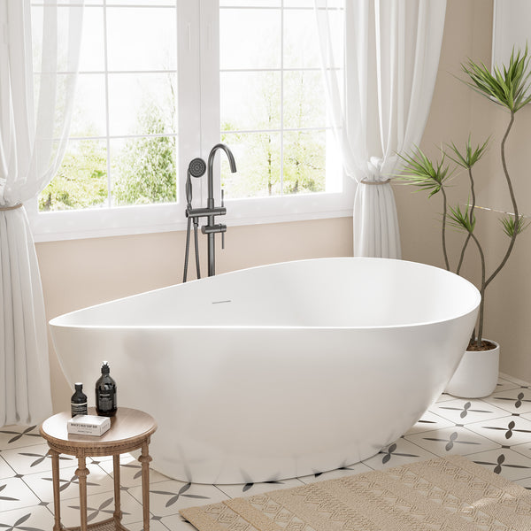 63 in. x 37 in. Stone Resin Freestanding Soaking Bathtub Double Slipper Oval Design Tub in White with Center Drain