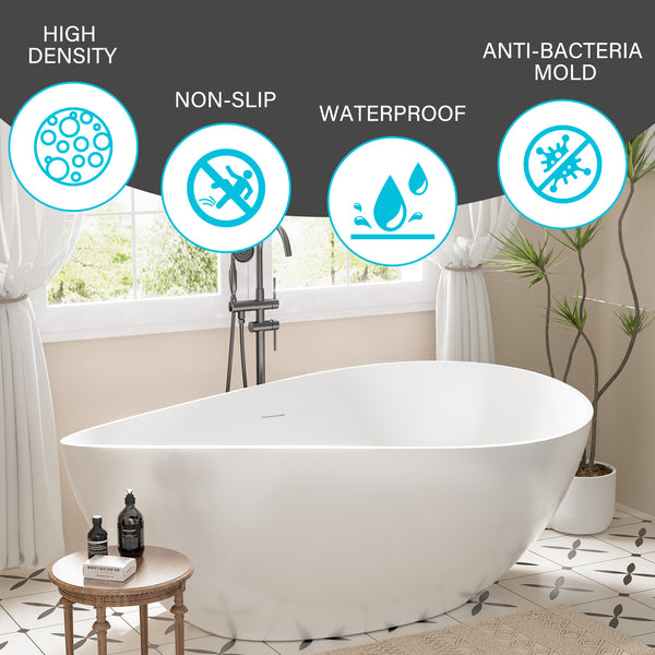 63 in. x 37 in. Stone Resin Freestanding Soaking Bathtub Double Slipper Oval Design Tub in White with Center Drain