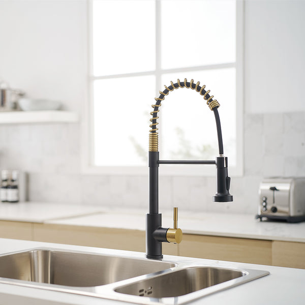 Stainless Steel Single Handle Pull Down Sprayer Kitchen Faucet with Water Supply Hoses in Matte Black with Brushed Gold