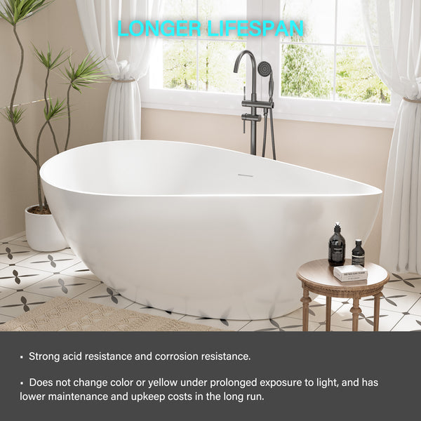 63 in. x 37 in. Stone Resin Freestanding Soaking Bathtub Double Slipper Oval Design Tub in White with Center Drain