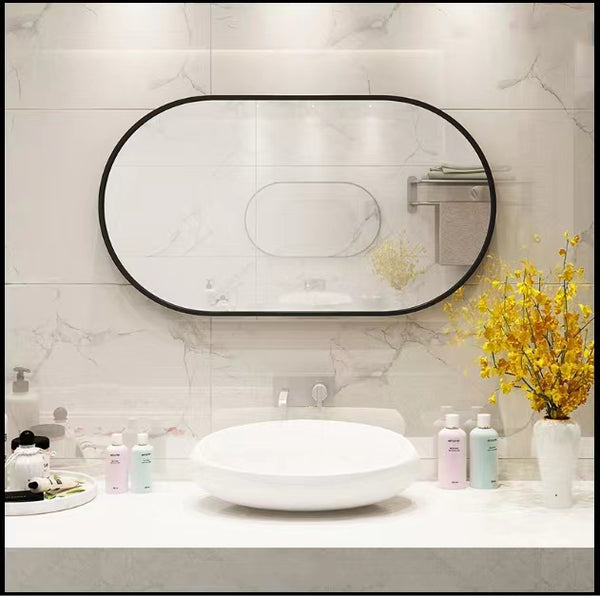 18 in. W x 36 in. H Oval Stainless Steel Framed Wall Bathroom Vanity Mirror in Matte Black/Brushed Gold
