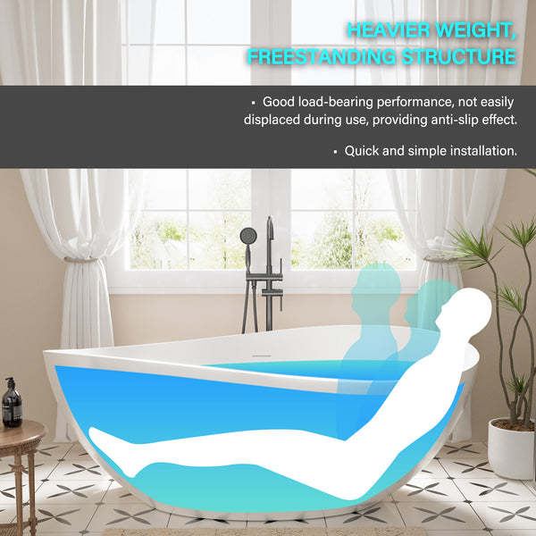 63 in. x 37 in. Stone Resin Freestanding Soaking Bathtub Double Slipper Oval Design Tub in White with Center Drain