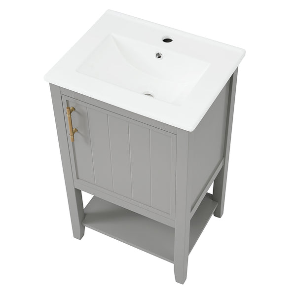 20" Bathroom Vanity with Sink, Bathroom Cabinet with Soft Closing Door, Storage Rack and Open Shelf, Grey/White