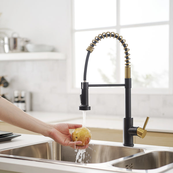 Stainless Steel Single Handle Pull Down Sprayer Kitchen Faucet with Water Supply Hoses in Matte Black with Brushed Gold