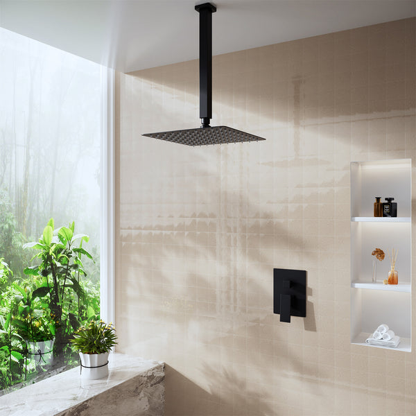1-Spray Pattern with 2.5 GPM 10 in. Wall Mount Rain Square Fixed Shower Head in Matte Black