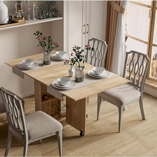 Dining Table Brown Contemporary Extending Self-storing leaf MDF Adjustable Table