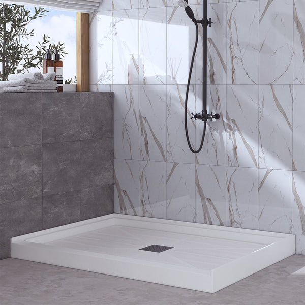 48 in. x 36 in / 60 in x 30 in Composite Alcove Shower Pan Base with Stainless Steel Cover and Center Drain in White