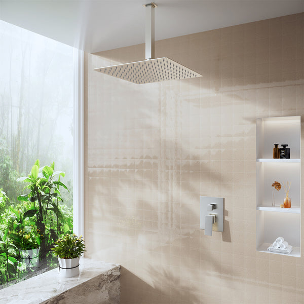 1-Spray Pattern with 2.5 GPM 12 in. Wall Mount Rain Square Fixed Shower Head in Brushed Nickel