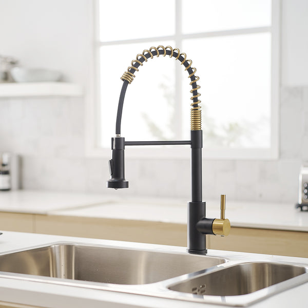 Stainless Steel Single Handle Pull Down Sprayer Kitchen Faucet with Water Supply Hoses in Matte Black with Brushed Gold