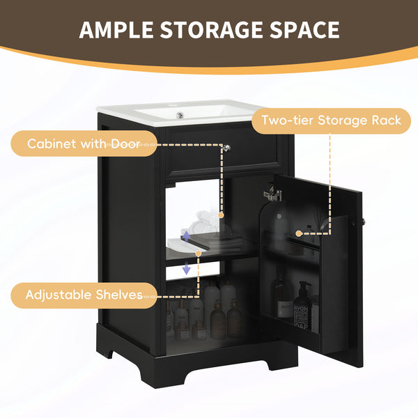20" Bathroom Vanity with Sink, Bathroom Cabinet with Soft Closing Door, Storage Rack and Adjustable Shelve, Black