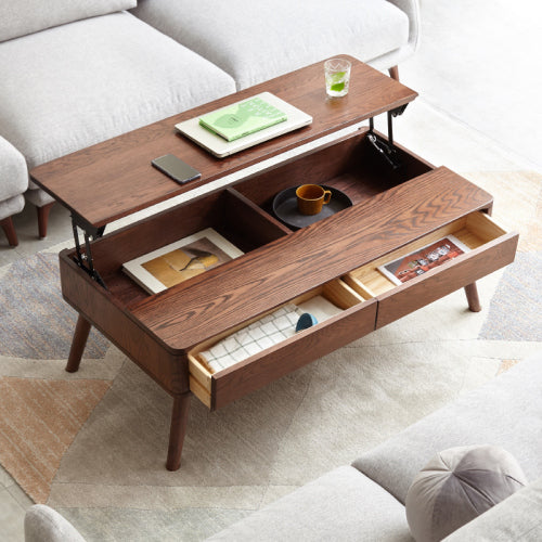 Dimakai Modern Wood Walnut Oak 39.37 x 17.72 inch Hinged Top with Drawers Coffee Table