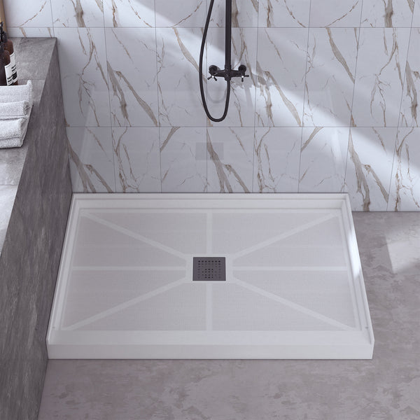 48 in. x 36 in / 60 in x 30 in Composite Alcove Shower Pan Base with Stainless Steel Cover and Center Drain in White