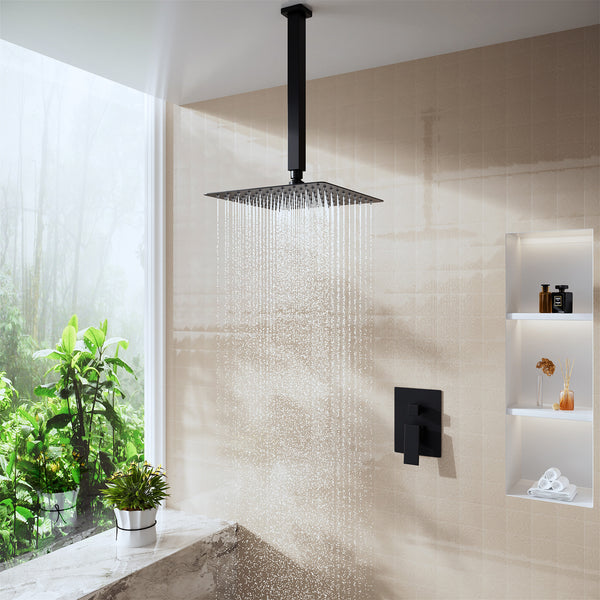 1-Spray Pattern with 2.5 GPM 10 in. Wall Mount Rain Square Fixed Shower Head in Matte Black