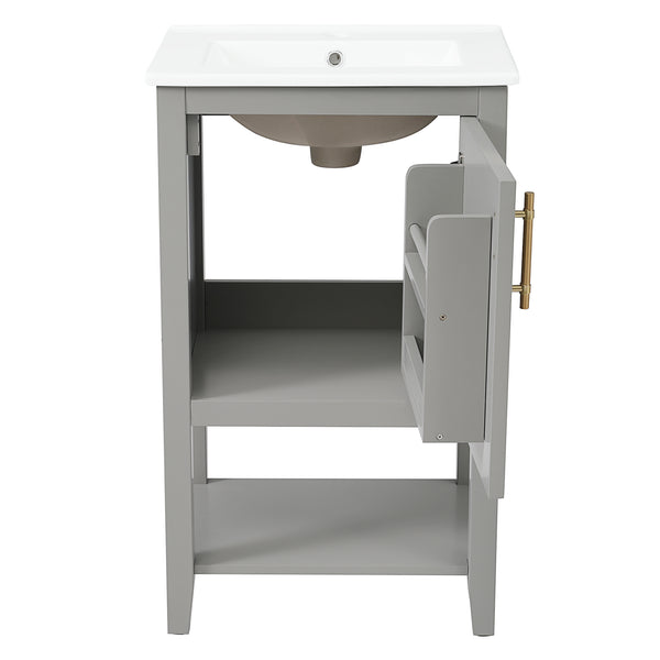 20" Bathroom Vanity with Sink, Bathroom Cabinet with Soft Closing Door, Storage Rack and Open Shelf, Grey/White