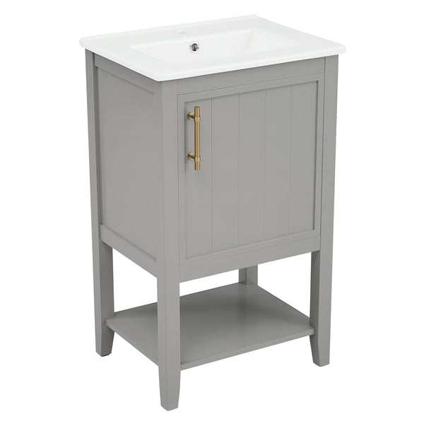 20" Bathroom Vanity with Sink, Bathroom Cabinet with Soft Closing Door, Storage Rack and Open Shelf, Grey/White